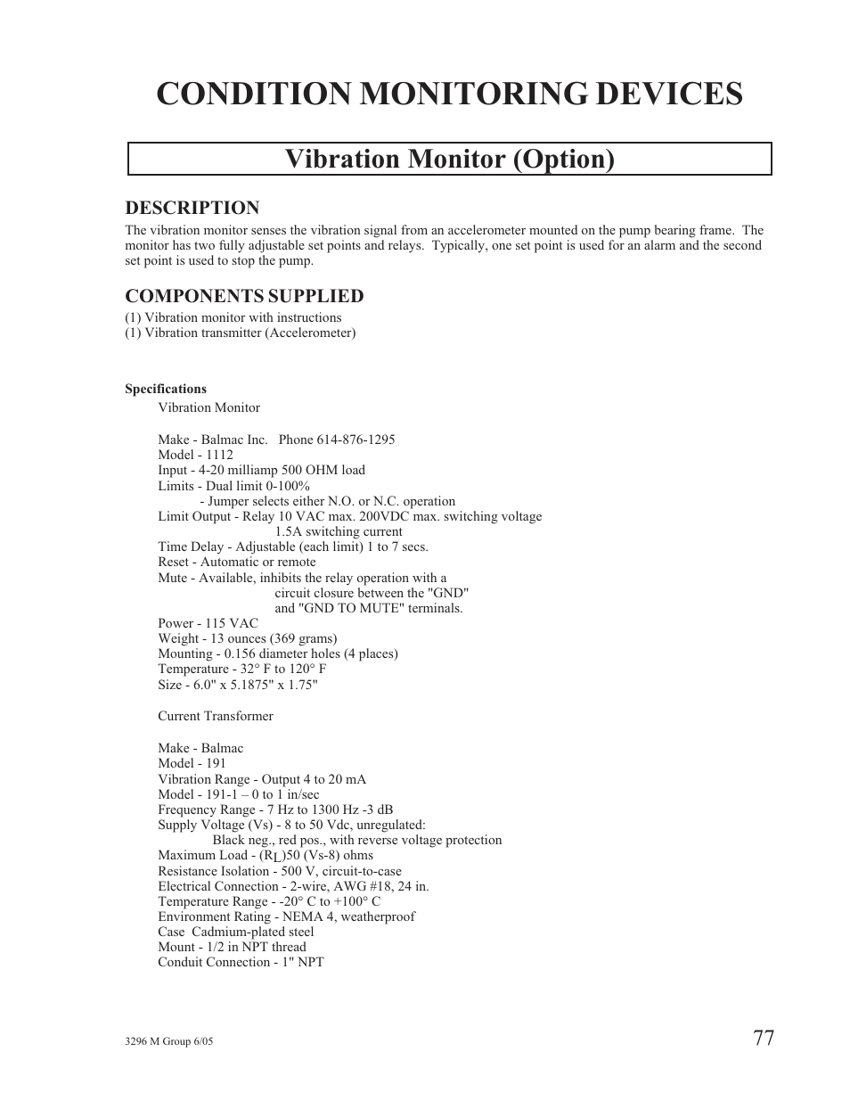 Condition monitoring devices, Vibration monitor (option) | Goulds Pumps 3296M - IOM User Manual | Page 81 / 92