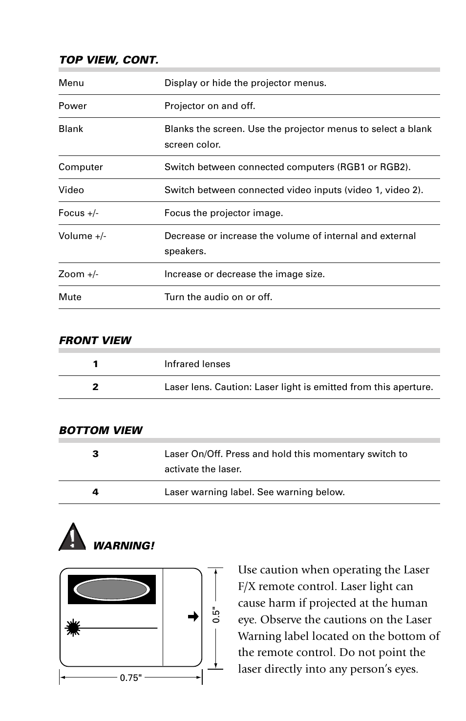 Top view, cont, Front view, Bottom view | Warning | Ask Proxima DP5800 User Manual | Page 4 / 5