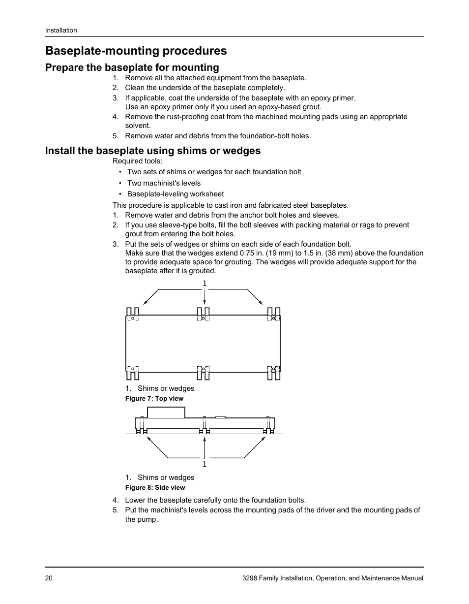 Baseplate-mounting procedures, Prepare the baseplate for mounting, Install the baseplate using shims or wedges | Goulds Pumps 3298 - IOM User Manual | Page 22 / 120