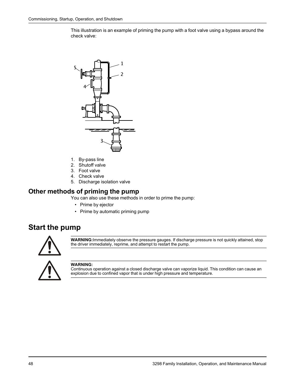 Other methods of priming the pump, Start the pump | Goulds Pumps 3298 - IOM User Manual | Page 50 / 120