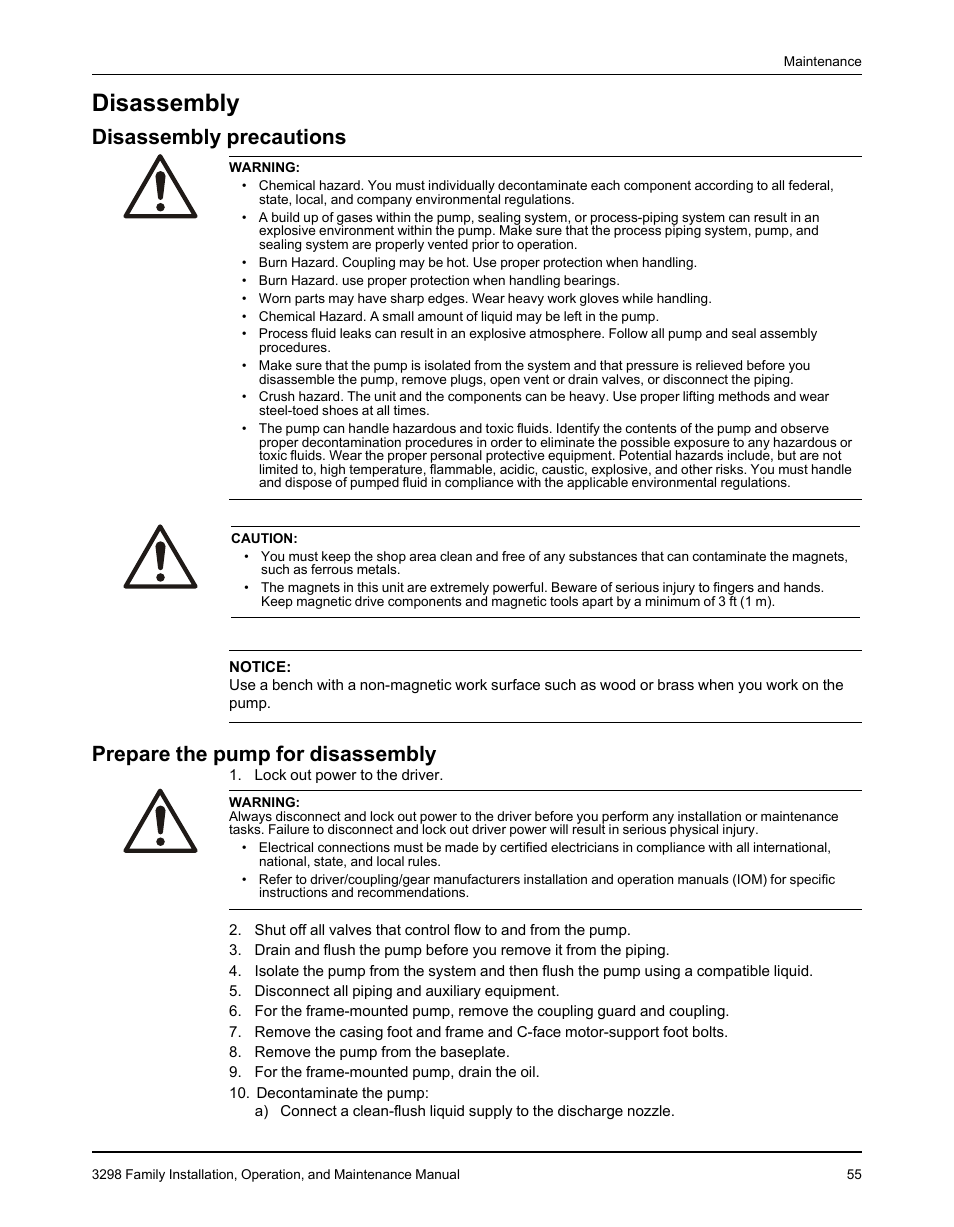 Disassembly, Disassembly precautions, Prepare the pump for disassembly | Goulds Pumps 3298 - IOM User Manual | Page 57 / 120