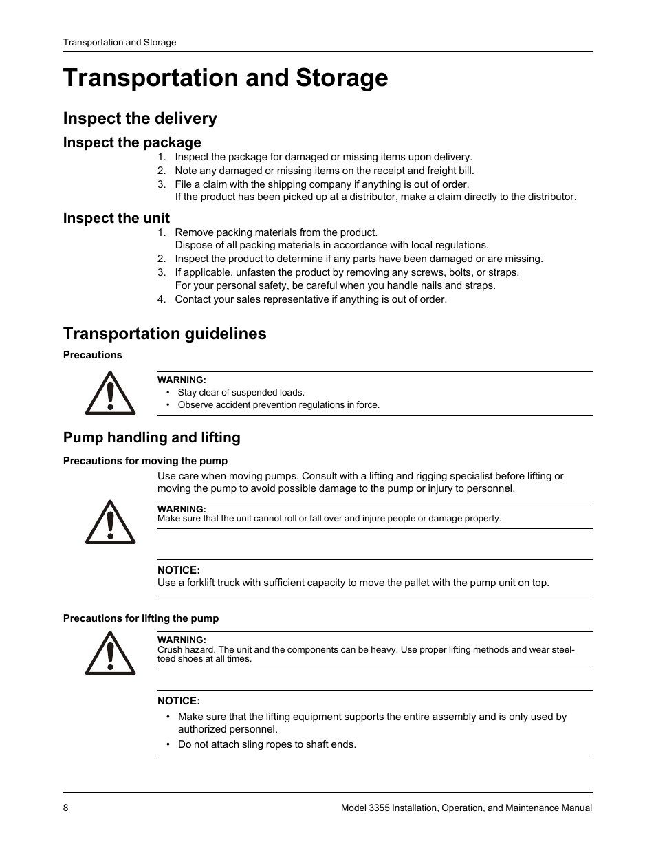 Transportation and storage, Inspect the delivery, Inspect the package | Inspect the unit, Transportation guidelines, Pump handling and lifting, Inspect the package inspect the unit | Goulds Pumps 3355 - IOM User Manual | Page 10 / 66