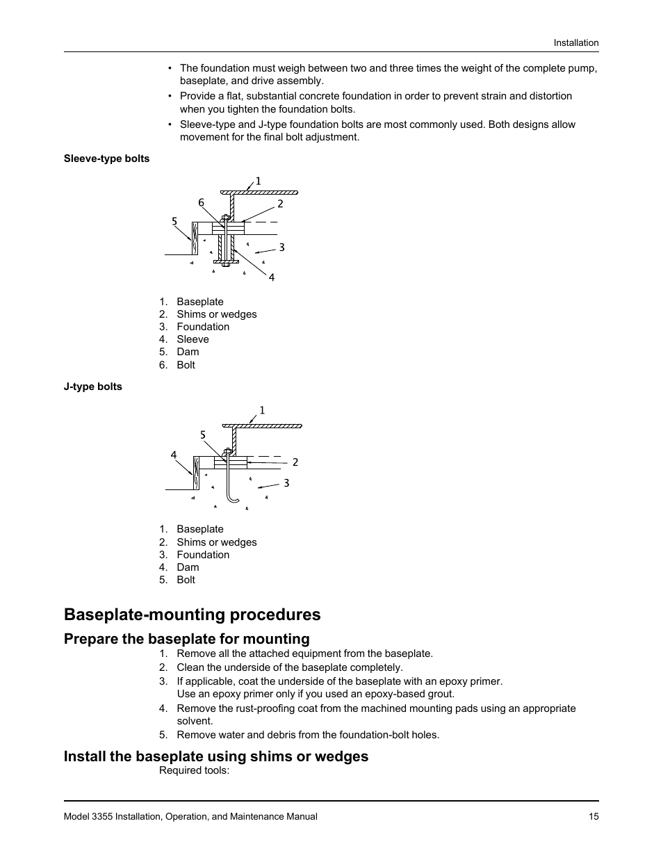 Baseplate-mounting procedures, Prepare the baseplate for mounting, Install the baseplate using shims or wedges | Goulds Pumps 3355 - IOM User Manual | Page 17 / 66