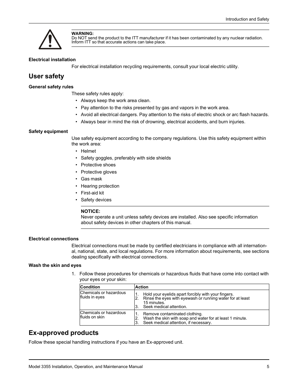 User safety, Ex-approved products, User safety ex-approved products | Goulds Pumps 3355 - IOM User Manual | Page 7 / 66