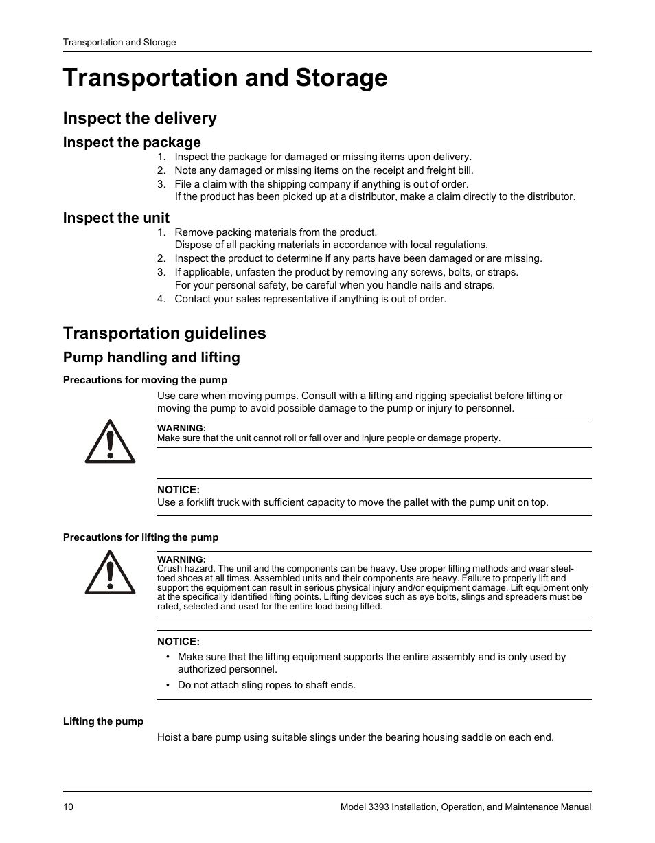 Transportation and storage, Inspect the delivery, Inspect the package | Inspect the unit, Transportation guidelines, Pump handling and lifting, Inspect the package inspect the unit | Goulds Pumps 3393 - IOM User Manual | Page 12 / 124