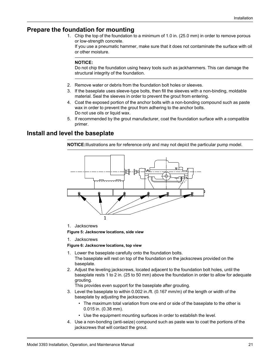 Prepare the foundation for mounting, Install and level the baseplate | Goulds Pumps 3393 - IOM User Manual | Page 23 / 124