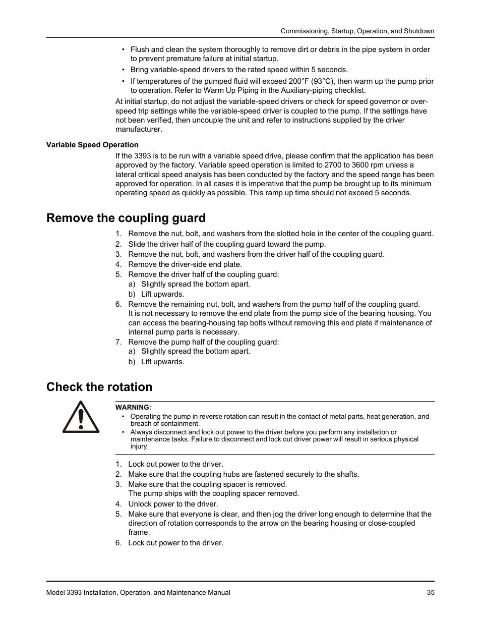 Remove the coupling guard, Check the rotation, Remove the coupling guard check the rotation | Goulds Pumps 3393 - IOM User Manual | Page 37 / 124