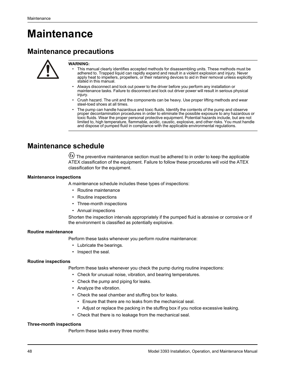 Maintenance, Maintenance precautions, Maintenance schedule | Maintenance precautions maintenance schedule | Goulds Pumps 3393 - IOM User Manual | Page 50 / 124