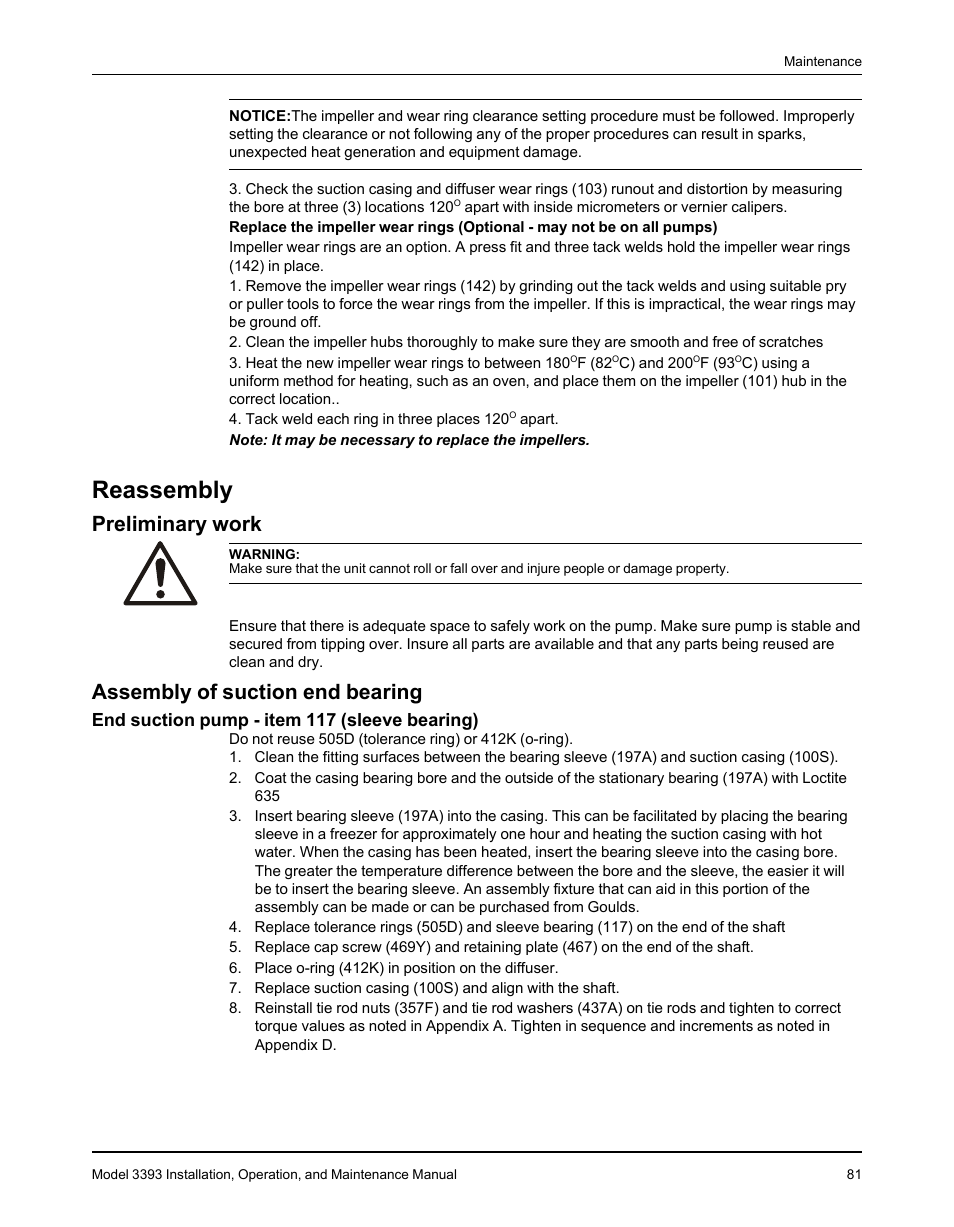 Reassembly, Preliminary work, Assembly of suction end bearing | End suction pump - item 117 (sleeve bearing), Preliminary work assembly of suction end bearing | Goulds Pumps 3393 - IOM User Manual | Page 83 / 124