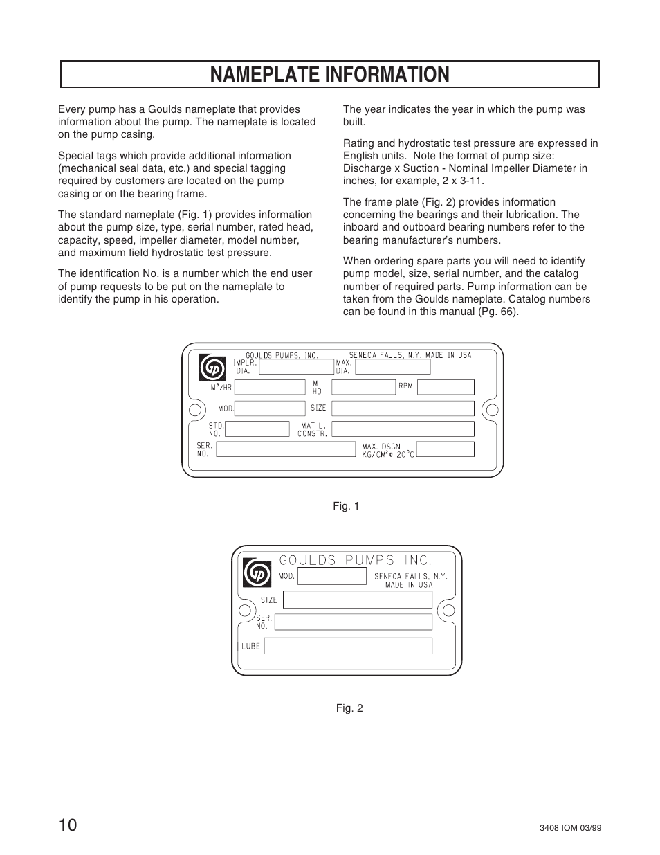 Nameplate information | Goulds Pumps 3408 - IOM User Manual | Page 10 / 78