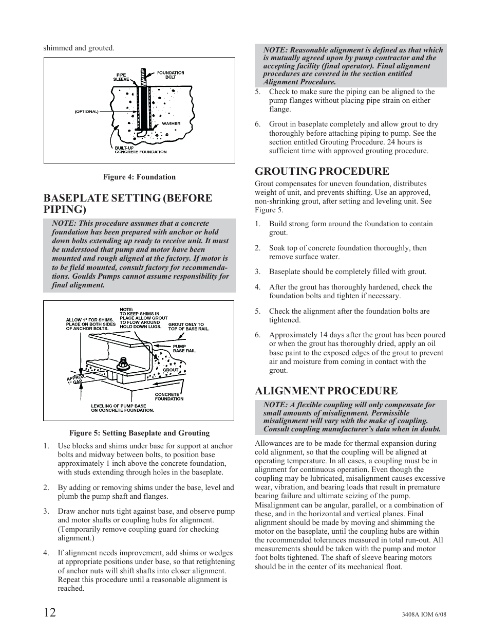 Baseplate setting (before piping), Grouting procedure, Alignment procedure | Goulds Pumps 3408A - IOM User Manual | Page 20 / 44