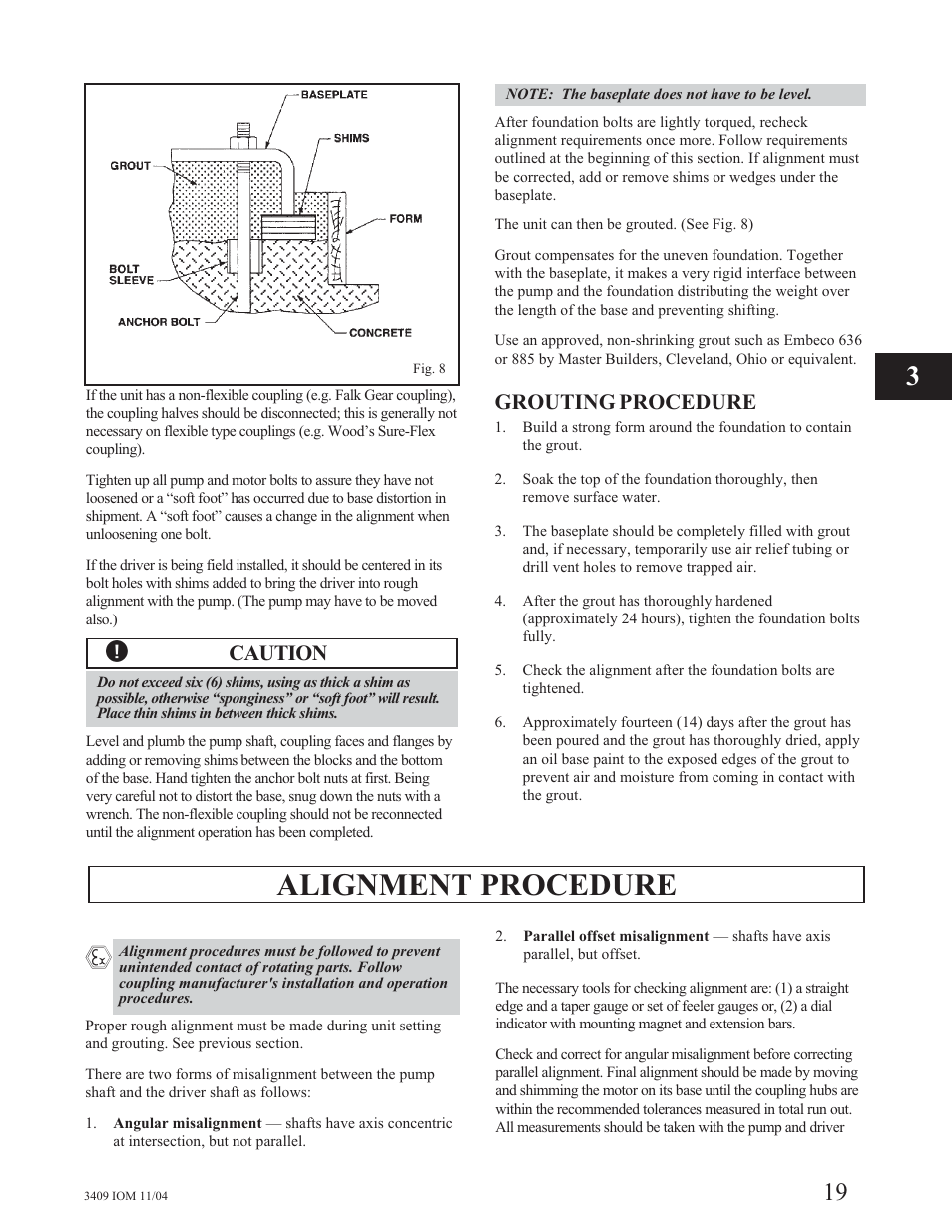 Alignment procedure, Caution, Grouting procedure | Goulds Pumps 3409 - IOM User Manual | Page 19 / 68