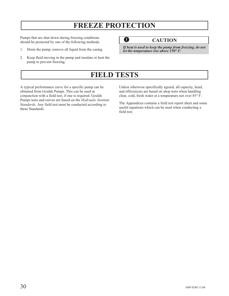 Freeze protection, Field tests | Goulds Pumps 3409 - IOM User Manual | Page 30 / 68