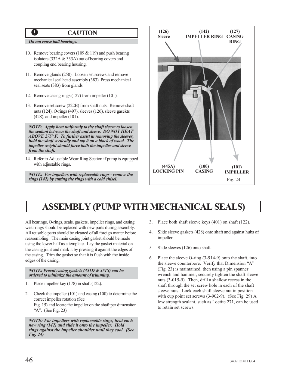 Assembly (pump with mechanical seals), Caution | Goulds Pumps 3409 - IOM User Manual | Page 46 / 68