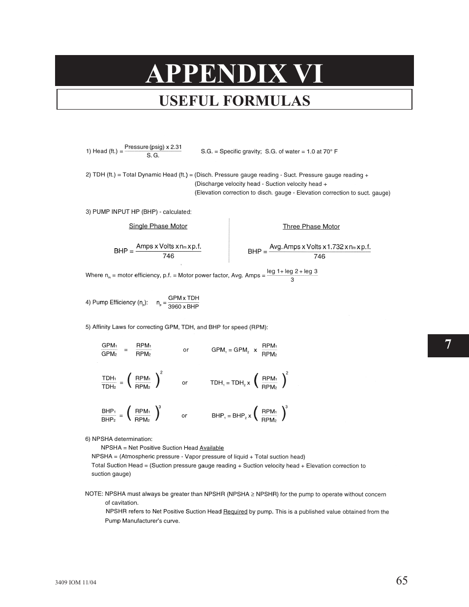 Vi - useful formulas, Appendix vi | Goulds Pumps 3409 - IOM User Manual | Page 65 / 68