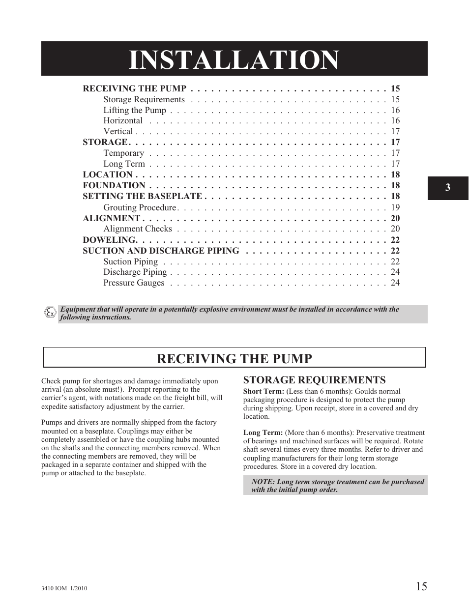 Installation, Receiving the pump | Goulds Pumps 3410 - IOM User Manual | Page 17 / 56
