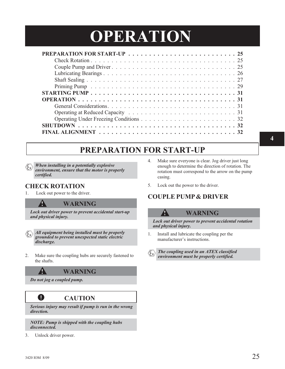 Operation, Preparation for start-up | Goulds Pumps 3420 - IOM User Manual | Page 29 / 120