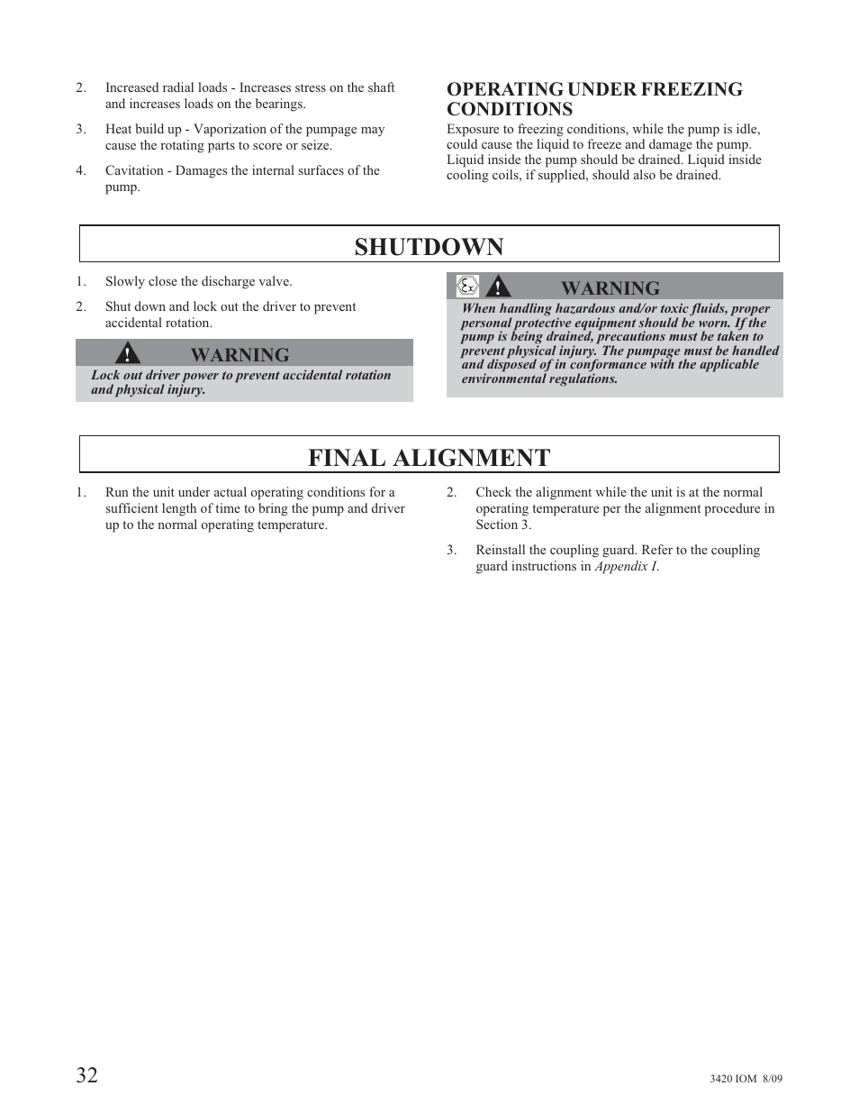 Shutdown, Final alignment | Goulds Pumps 3420 - IOM User Manual | Page 36 / 120