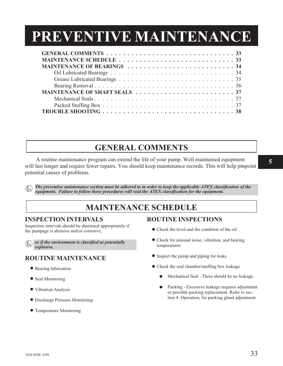 Preventive maintenance, General comments, Maintenance schedule | Goulds Pumps 3420 - IOM User Manual | Page 37 / 120