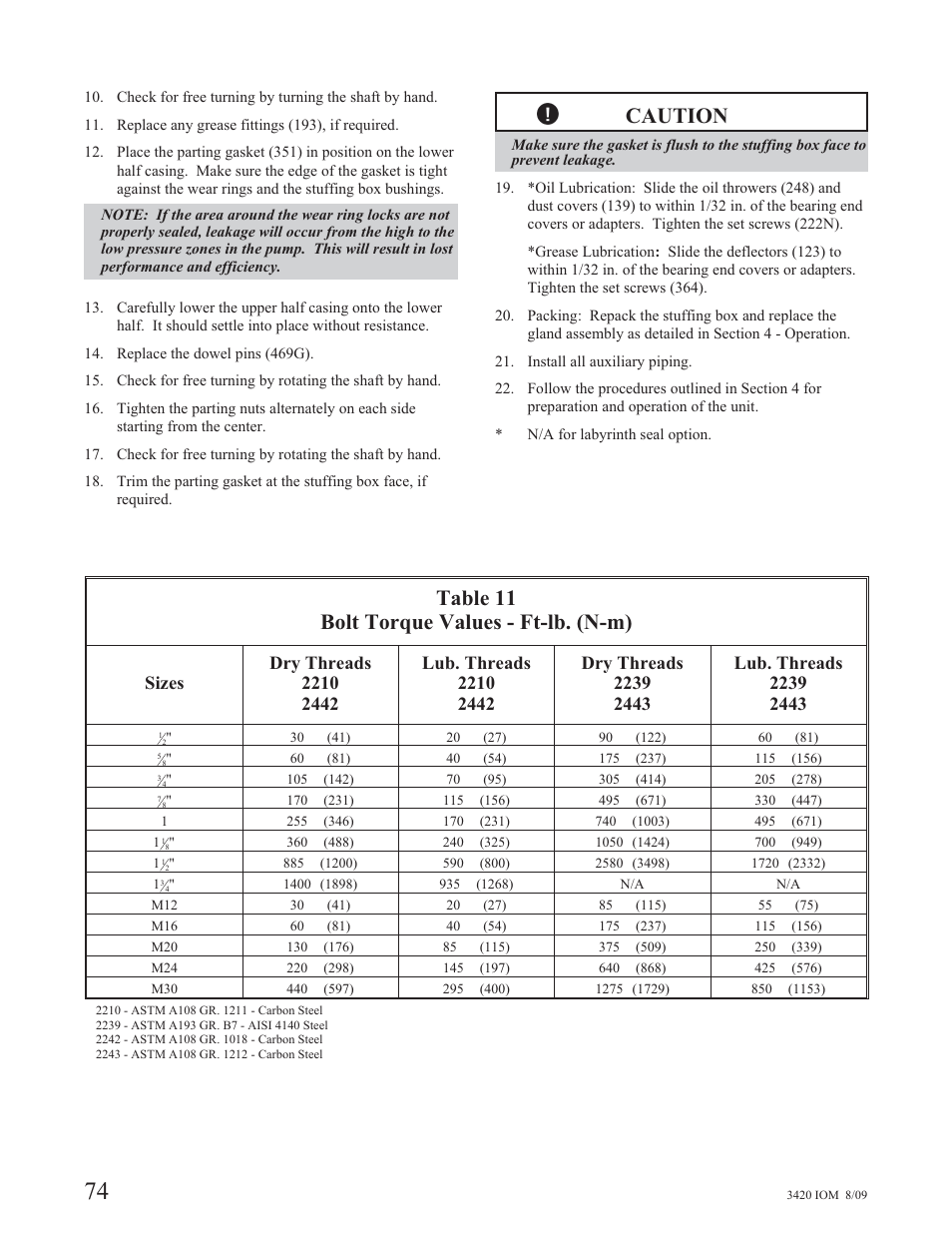 Caution, Table 11 bolt torque values - ft-lb. (n-m) | Goulds Pumps 3420 - IOM User Manual | Page 78 / 120