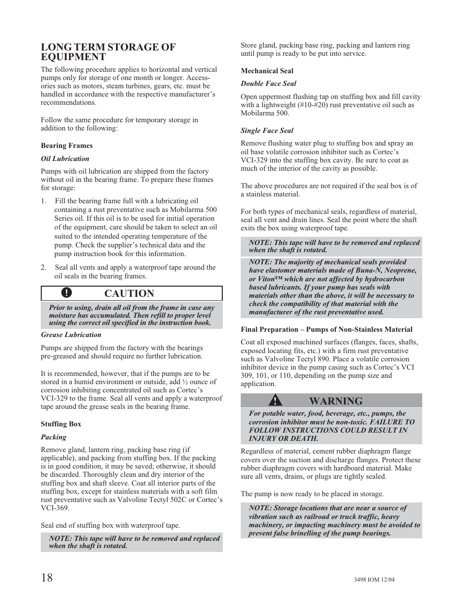 Long term storage of equipment, Caution, Warning | Goulds Pumps 3498 - IOM User Manual | Page 21 / 59