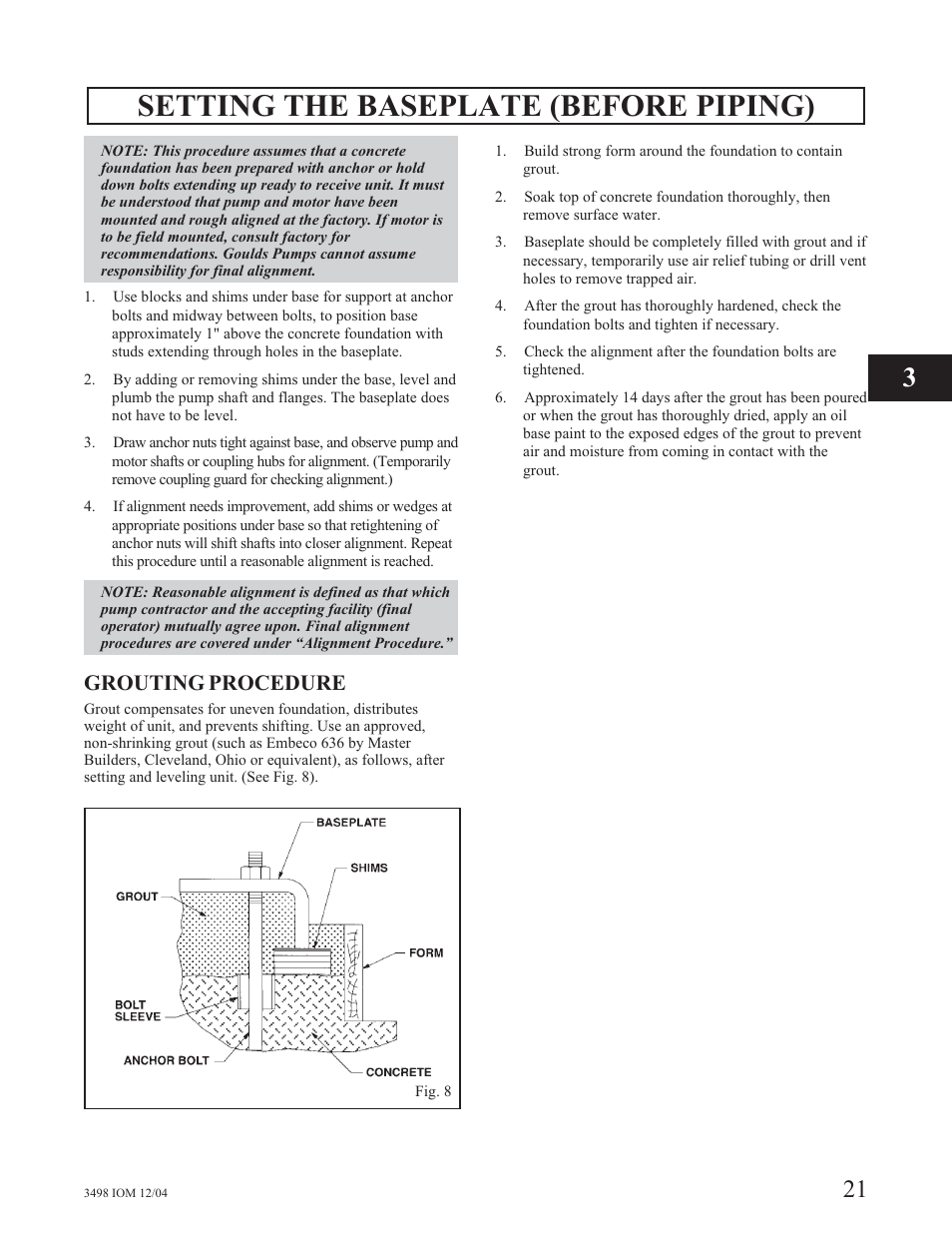 Setting the baseplate (before piping), Grouting procedure | Goulds Pumps 3498 - IOM User Manual | Page 24 / 59