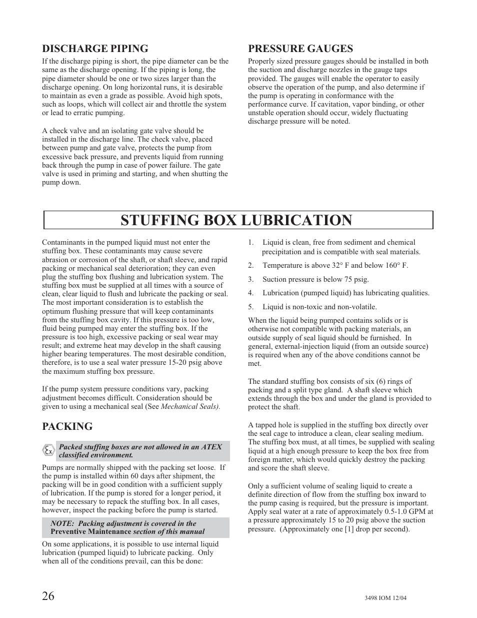 Stuffing box lubrication, Discharge piping, Pressure gauges | Packing | Goulds Pumps 3498 - IOM User Manual | Page 29 / 59