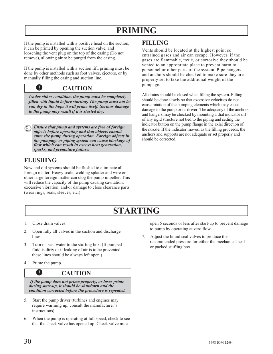 Priming, Starting | Goulds Pumps 3498 - IOM User Manual | Page 33 / 59