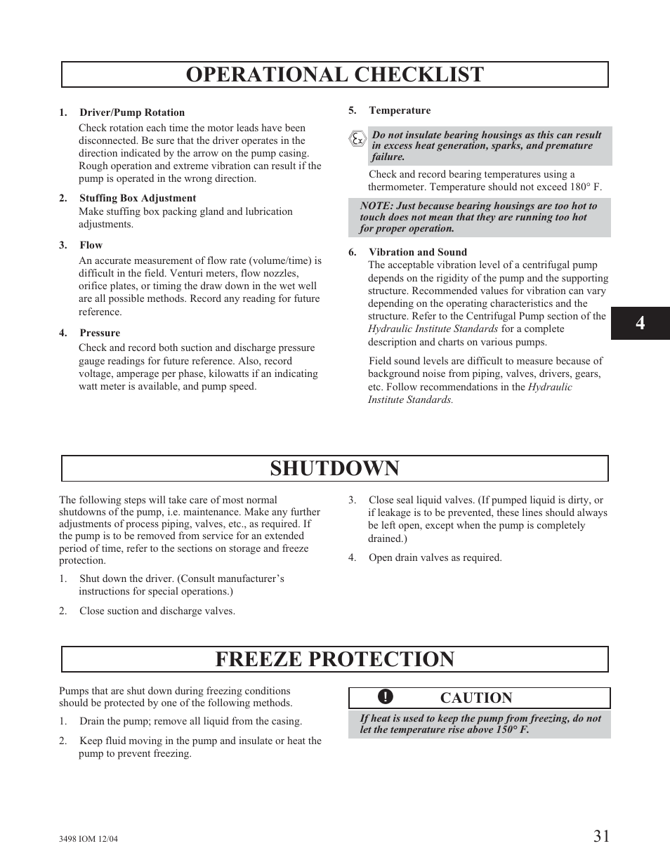 Operational checklist, Shutdown, Freeze protection | Caution | Goulds Pumps 3498 - IOM User Manual | Page 34 / 59