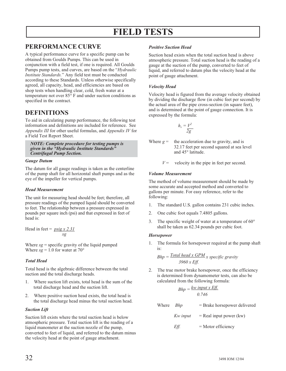 Field tests, Performance curve, Definitions | Goulds Pumps 3498 - IOM User Manual | Page 35 / 59