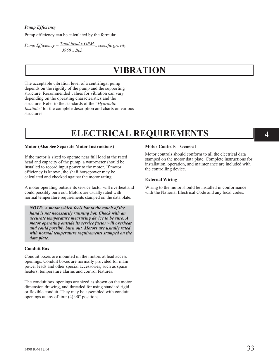 Vibration, Electrical requirements | Goulds Pumps 3498 - IOM User Manual | Page 36 / 59