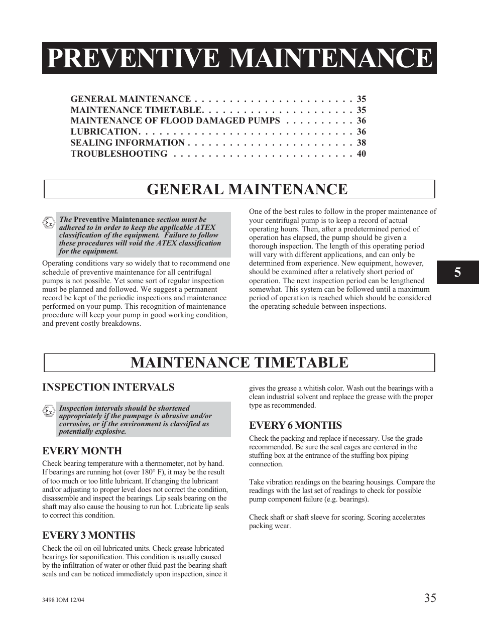 Preventive maintenance, General maintenance, Maintenance timetable | Goulds Pumps 3498 - IOM User Manual | Page 38 / 59