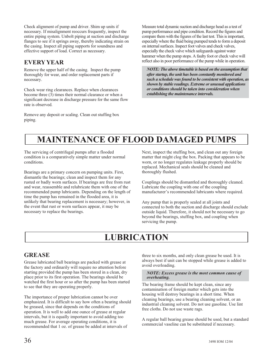 Maintenance of flood damaged pumps, Lubrication, Every year | Grease | Goulds Pumps 3498 - IOM User Manual | Page 39 / 59