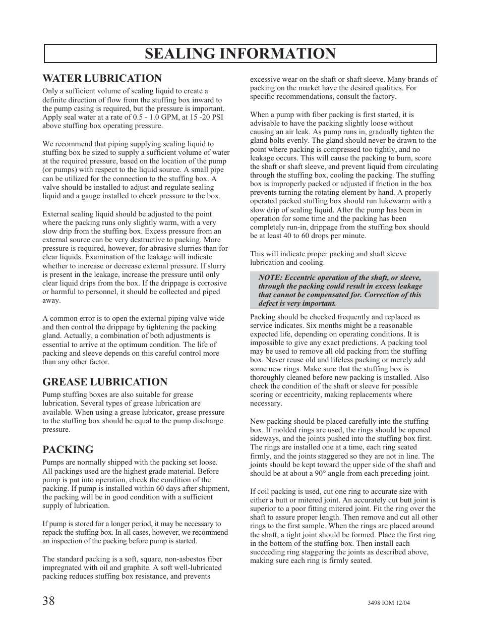 Sealing information, Water lubrication, Grease lubrication | Packing | Goulds Pumps 3498 - IOM User Manual | Page 41 / 59