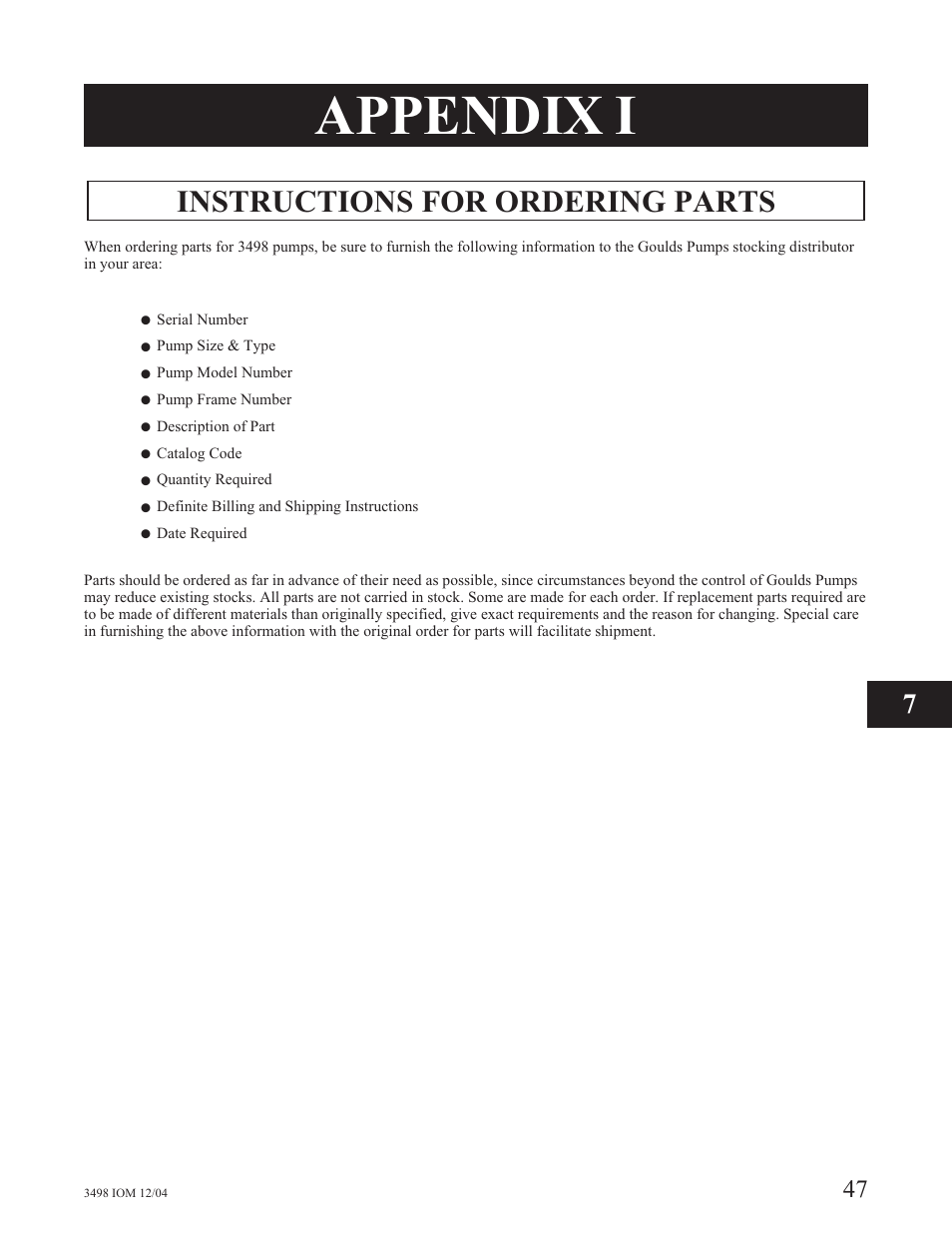 App i - ordering parts, Appendix i, Instructions for ordering parts | Goulds Pumps 3498 - IOM User Manual | Page 50 / 59