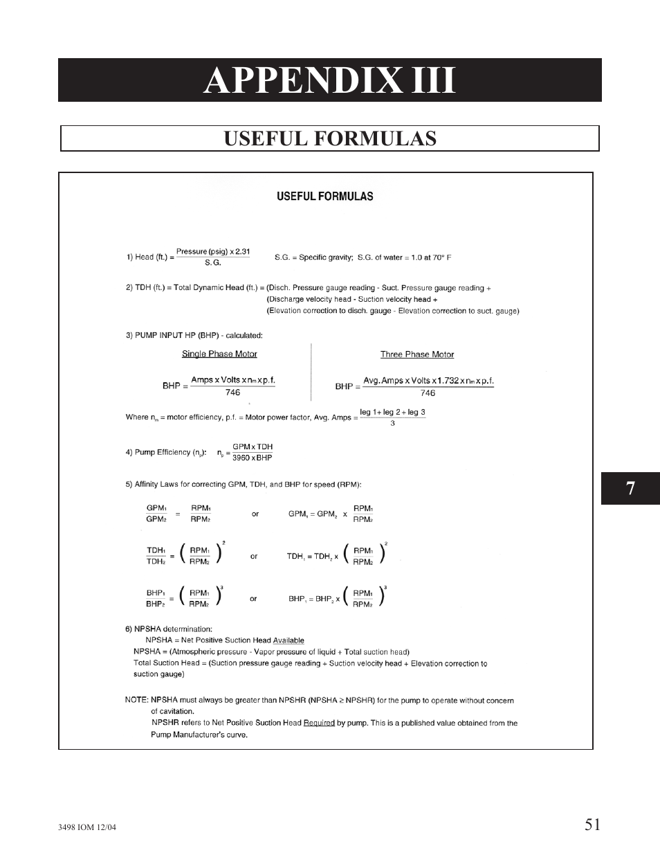 App iii - useful formulas, Appendix iii | Goulds Pumps 3498 - IOM User Manual | Page 54 / 59