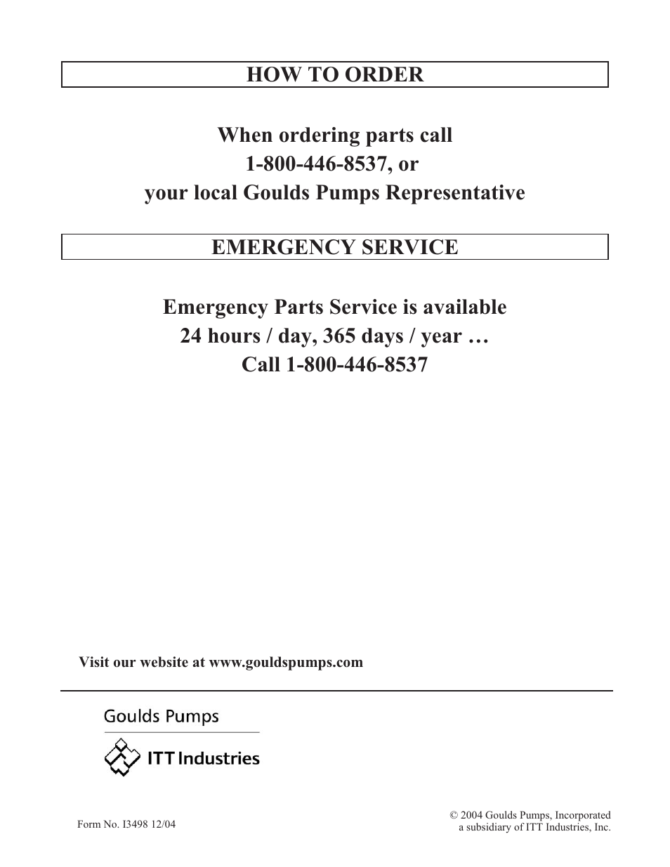 How to order parts / emergency service | Goulds Pumps 3498 - IOM User Manual | Page 59 / 59