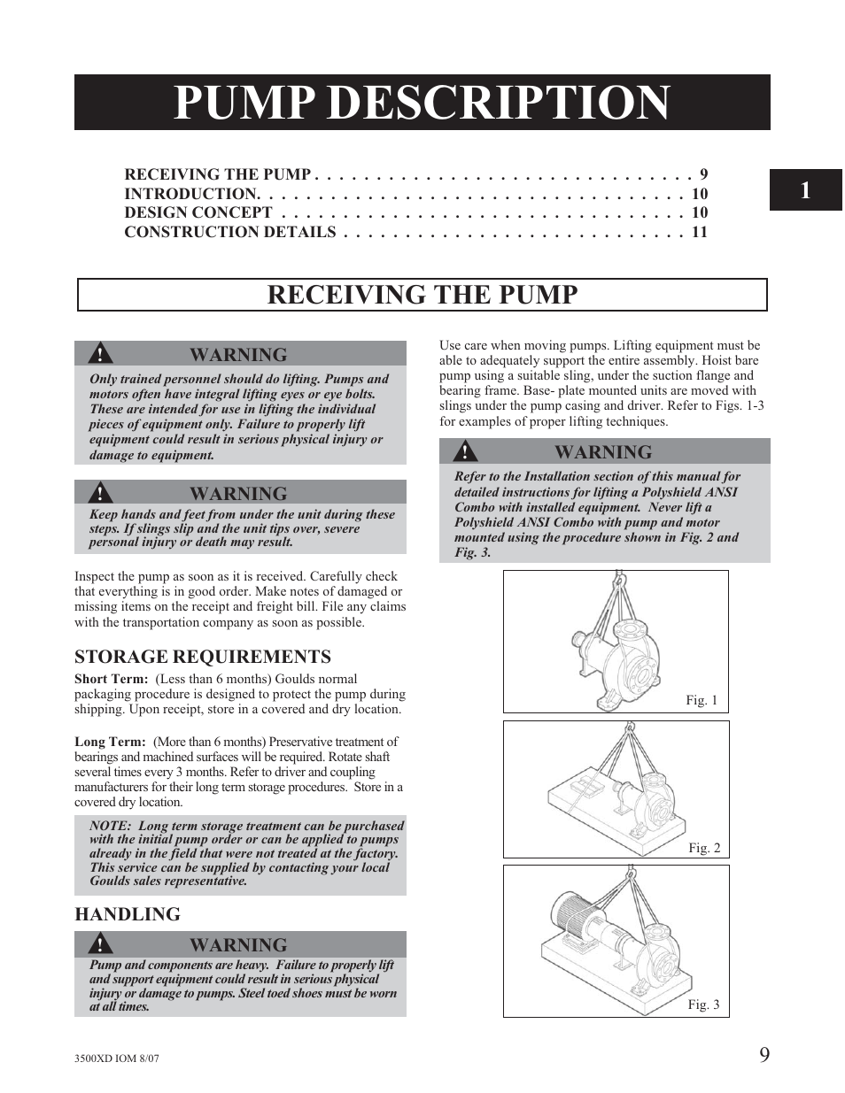 Pump description, Receiving the pump s | Goulds Pumps 3500XD - IOM User Manual | Page 13 / 44