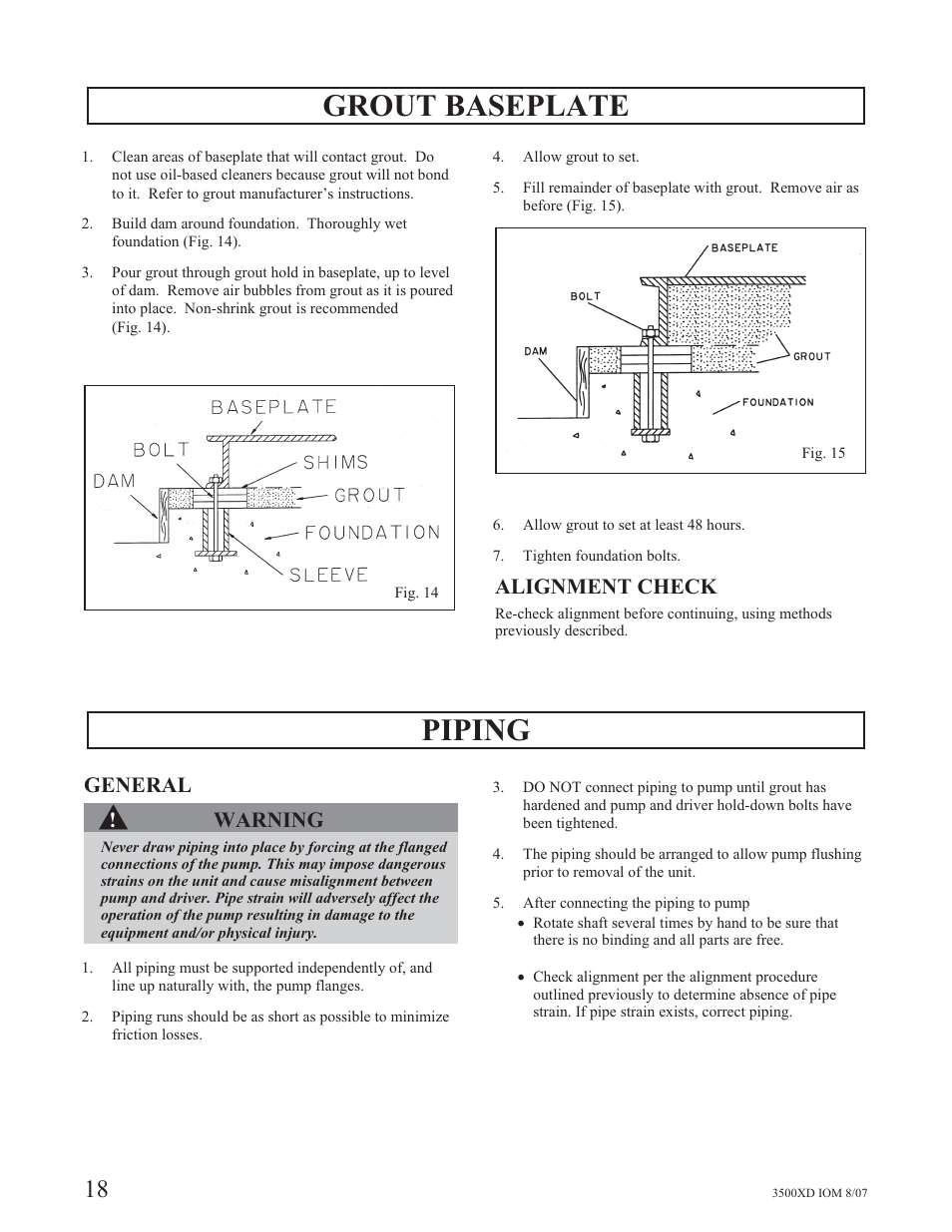 Grout baseplate, Piping, Alignment check | General, Warning | Goulds Pumps 3500XD - IOM User Manual | Page 22 / 44