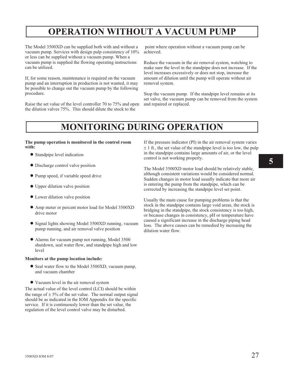 Operation without a vacuum pump, Monitoring during operation | Goulds Pumps 3500XD - IOM User Manual | Page 31 / 44