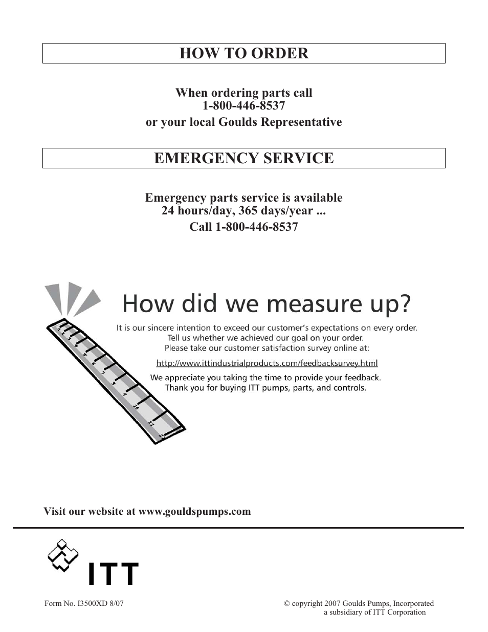 How to order, Emergency service | Goulds Pumps 3500XD - IOM User Manual | Page 44 / 44