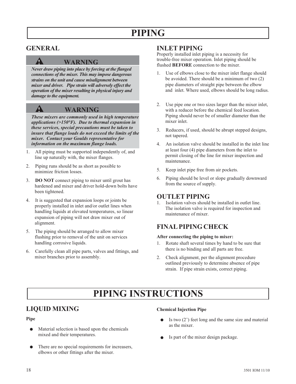 Piping, Piping instructions, General | Warning, Inlet piping, Outlet piping, Final piping check, Liquid mixing | Goulds Pumps 3501 Mixer - IOM User Manual | Page 22 / 48