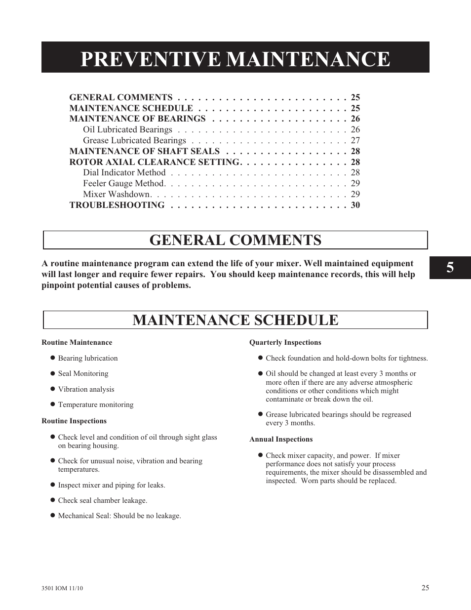 Preventive maintenance, General comments, Maintenance schedule | Goulds Pumps 3501 Mixer - IOM User Manual | Page 29 / 48