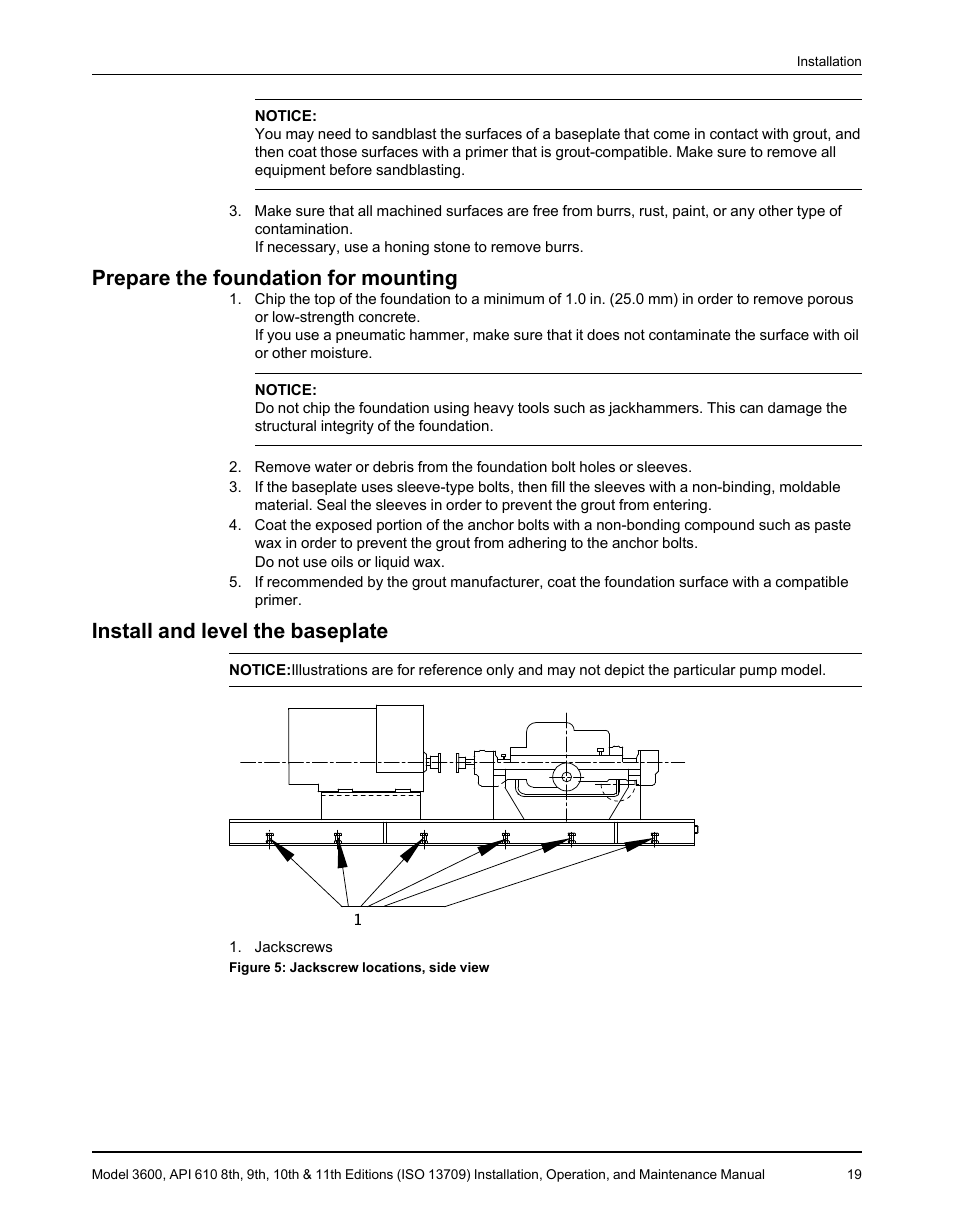 Prepare the foundation for mounting, Install and level the baseplate | Goulds Pumps 3600 - IOM User Manual | Page 21 / 110