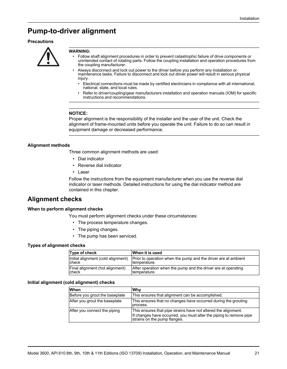 Pump-to-driver alignment, Alignment checks | Goulds Pumps 3600 - IOM User Manual | Page 23 / 110