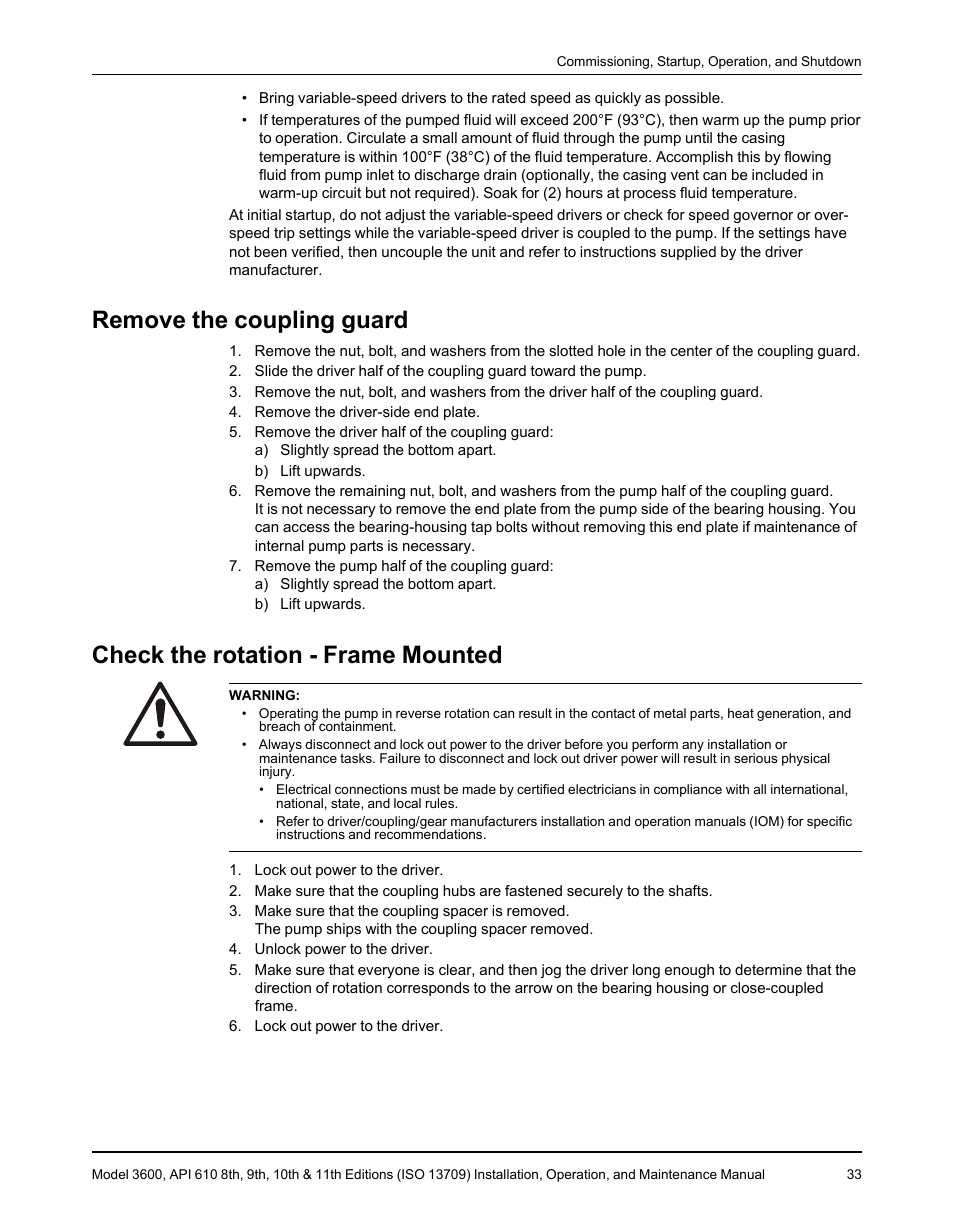 Remove the coupling guard, Check the rotation - frame mounted | Goulds Pumps 3600 - IOM User Manual | Page 35 / 110