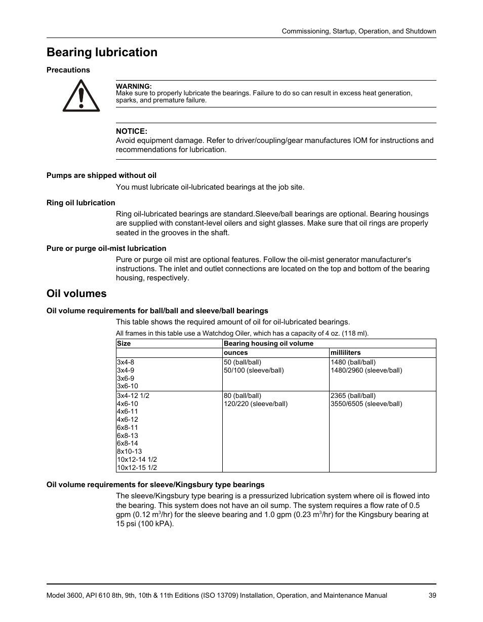 Bearing lubrication, Oil volumes | Goulds Pumps 3600 - IOM User Manual | Page 41 / 110