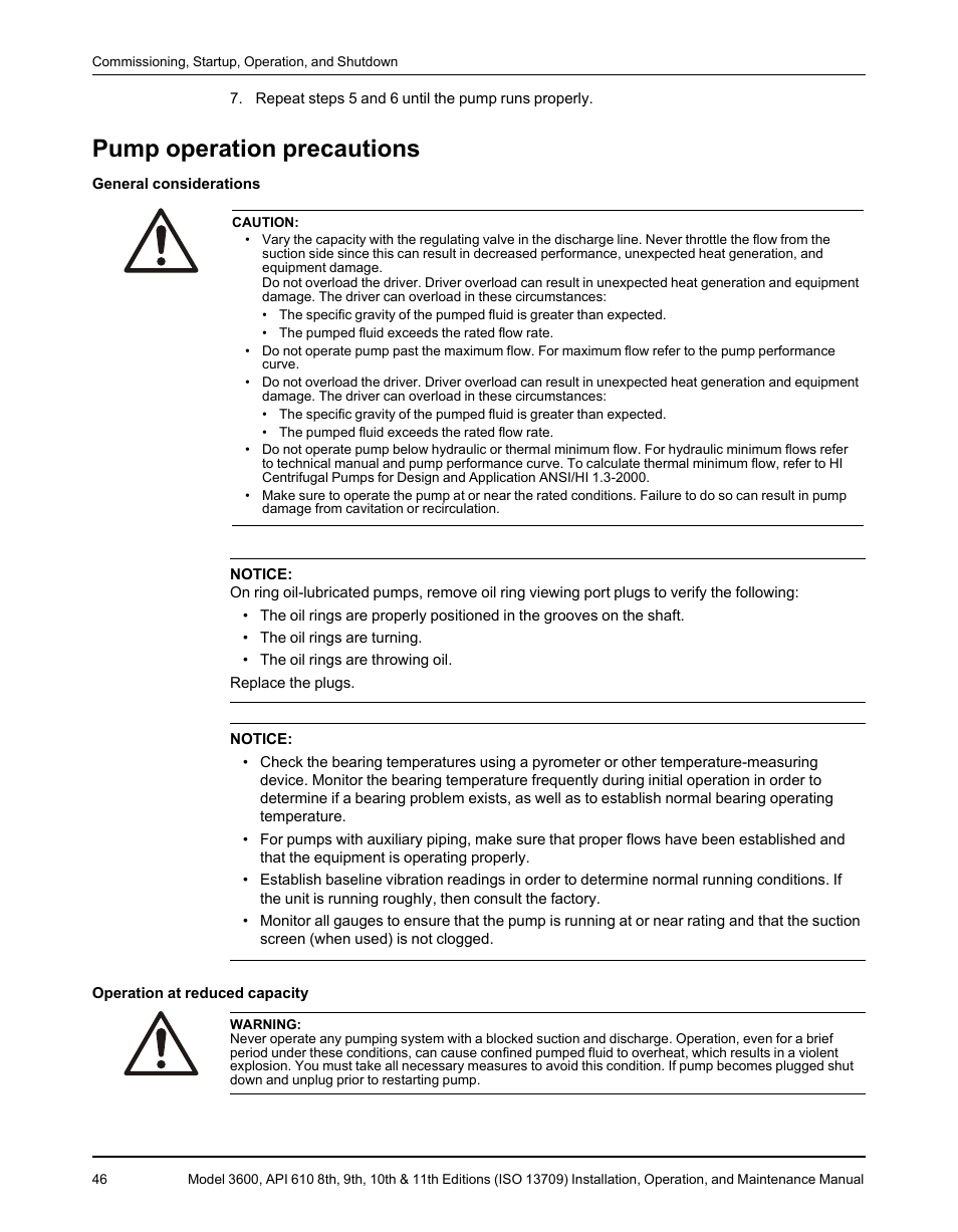 Pump operation precautions | Goulds Pumps 3600 - IOM User Manual | Page 48 / 110