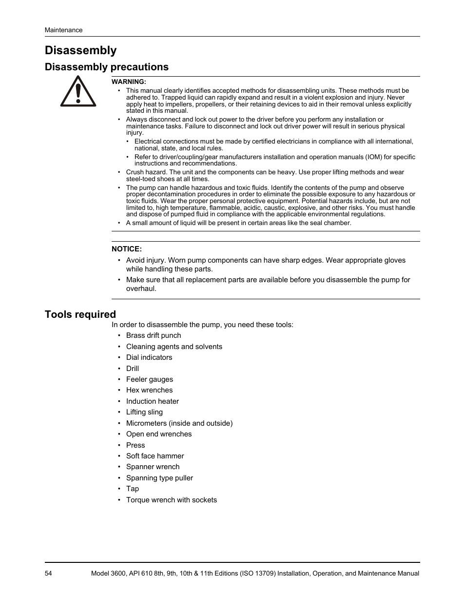 Disassembly, Disassembly precautions, Tools required | Disassembly precautions tools required | Goulds Pumps 3600 - IOM User Manual | Page 56 / 110