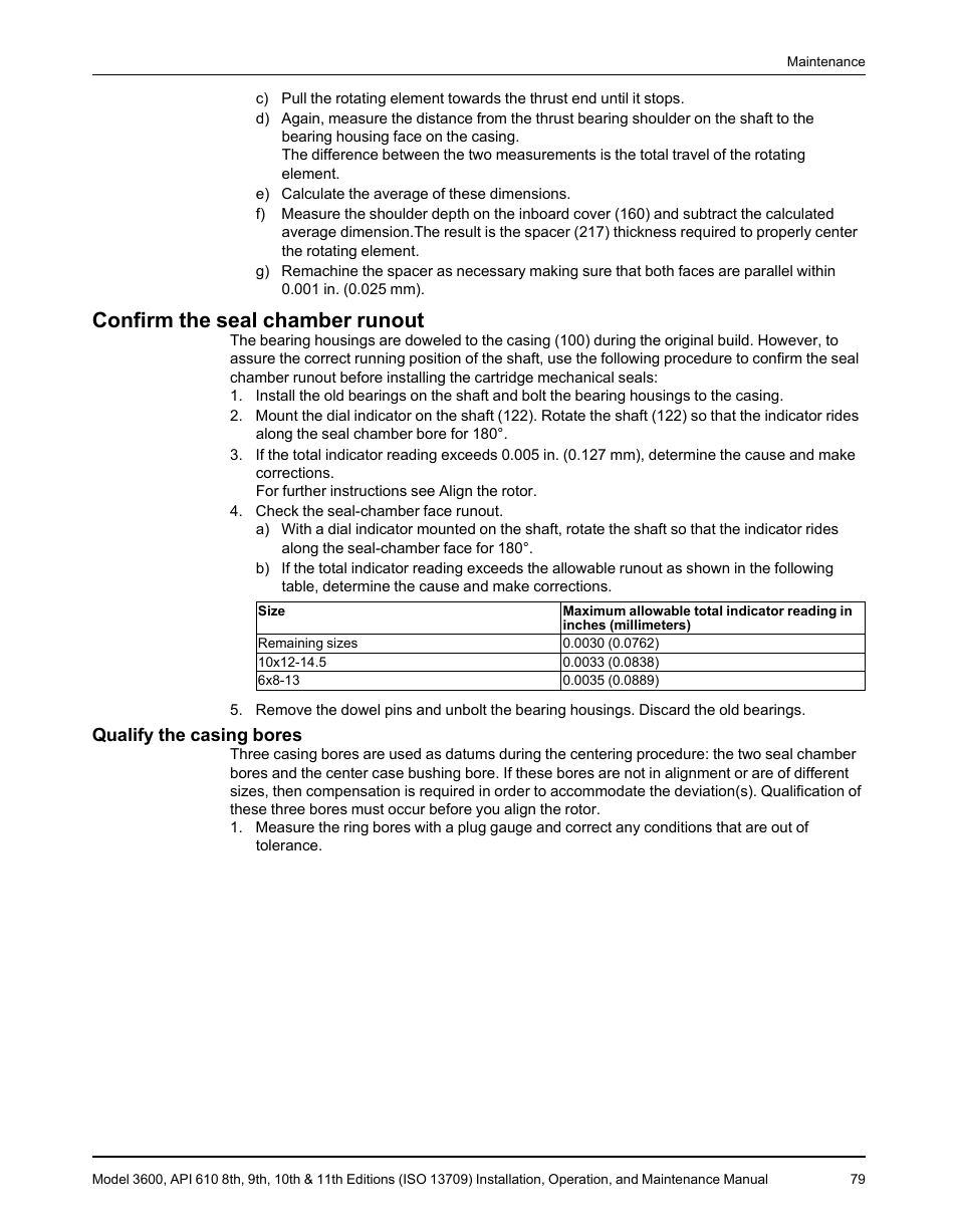 Confirm the seal chamber runout, Qualify the casing bores | Goulds Pumps 3600 - IOM User Manual | Page 81 / 110